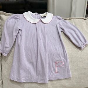 Luigi Kids Lavender and White Striped Dress with Pink “P” Embroidery